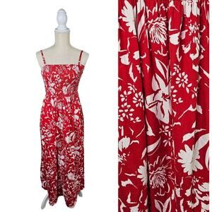Old Navy Red White Floral Maxi Dress Medium Tropical Vacation Adjustable Pockets